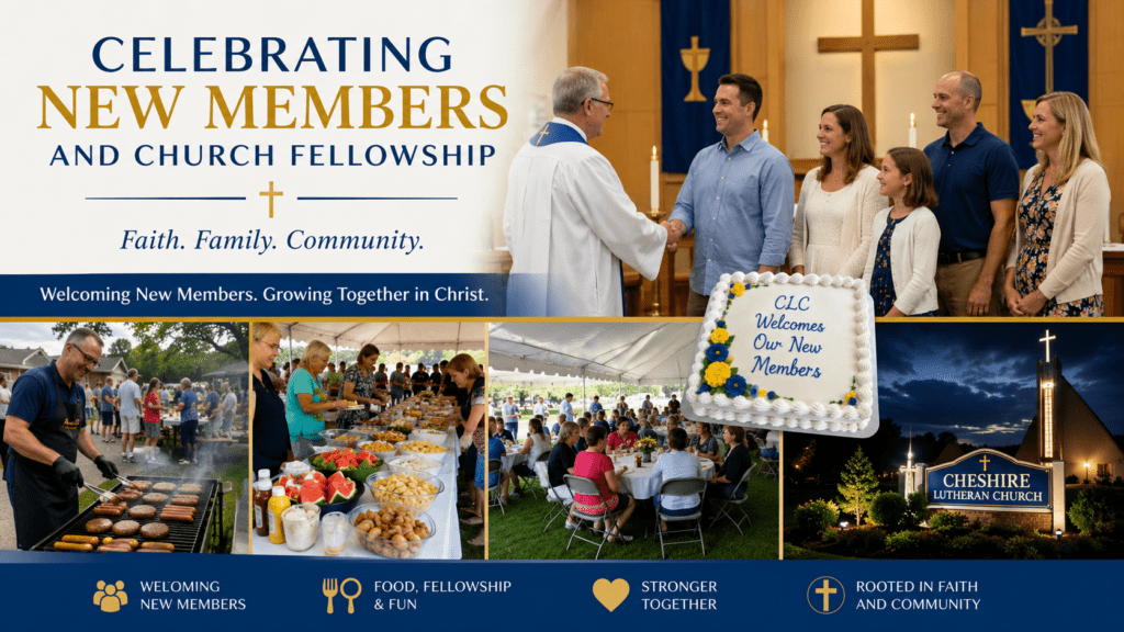 Members of Cheshire Lutheran Church welcome new families during a special worship service and community picnic in Cheshire CT celebrating faith, fellowship, and church community.
