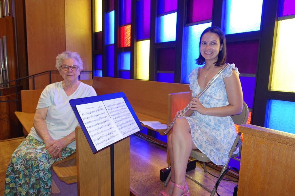 Ruth Del Vecchio performing a flute solo with Martha Medford accompanying on organ during the August 9, 2026 worship service at Cheshire Lutheran Church