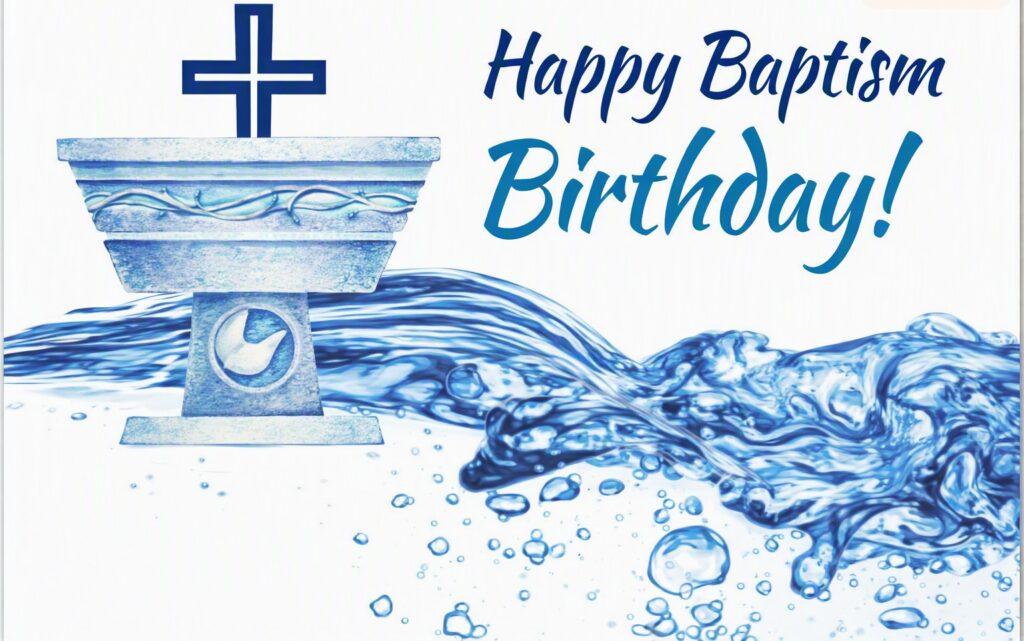 Greeting card with a baptism theme showing a stone baptismal font topped by a cross, surrounded by flowing blue water and bubbles. The text reads ‘Happy Baptism Birthday!’ in blue script.