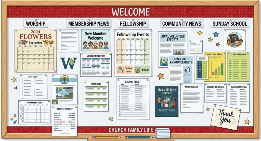A church bulletin board with a colorful red‑and‑yellow border displaying printed notices, flyers, and schedules under headings such as “Worship,” “Membership News,” “Fellowship,” and “Community News.” The center section labeled “Sunday School” is surrounded by announcements and a small “Thank You” card, representing community updates and church activities.