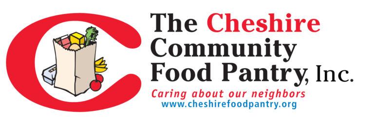 Logo for The Cheshire Community Food Pantry, Inc. featuring a large red letter “C” encircling a brown paper grocery bag filled with food items such as bread, leafy greens, and fruit. To the right, the organization’s name appears in black and red text, with the tagline “Caring about our neighbors” written below in smaller red italic letters.