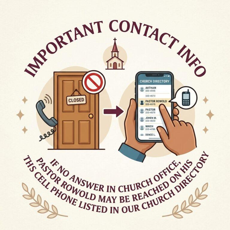 A circular illustrative infographic with a cream background titled "IMPORTANT CONTACT INFO" in an arched burgundy font at the top. The graphic provides instructions for reaching church staff when the office is unavailable.