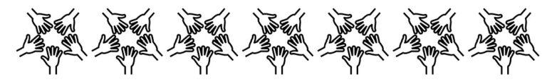 A repeating horizontal pattern of simple black line drawings of hands arranged in clusters of four. Each group forms a circular or symmetrical shape with fingers spread outward, symbolizing unity and cooperation. The design appears as a continuous border across a white background, creating a rhythmic and minimalist visual effect.