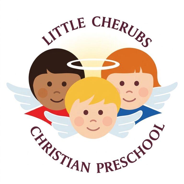Logo for Little Cherubs Christian Preschool featuring three smiling cartoon children with different hair colors and skin tones. Each child has small gray wings, and a white halo floats above the central figure’s head. The text “Little Cherubs Christian Preschool” forms a circular border around the illustration, symbolizing faith, diversity, and early childhood learning.