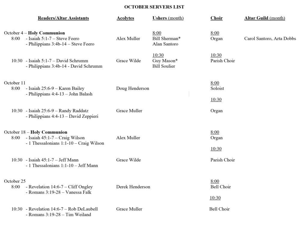A printed church schedule titled “October Servers List,” organized in columns for Readers/Altar Assistants, Acolytes, Ushers, Choir, and Altar Guild. It lists names, scripture readings, and musical roles for each Sunday in October, showing service times at 8:00 and 10:30 with details such as Holy Communion, organ, parish choir, and bell choir.