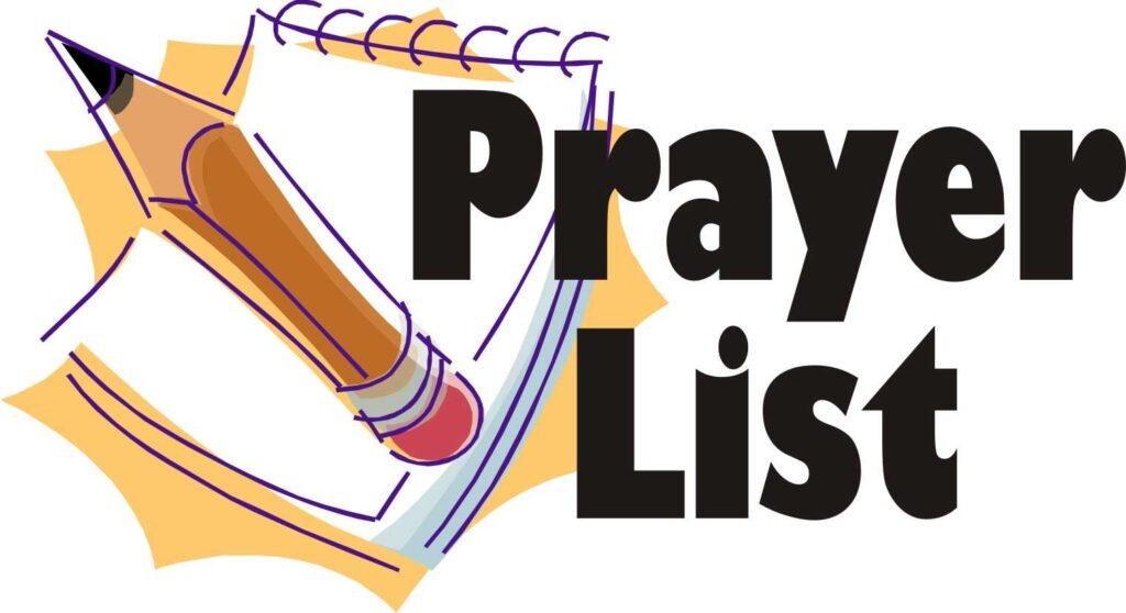 Graphic featuring the words "Prayer List" in large black font next to an illustration of a spiral notepad and pencil.