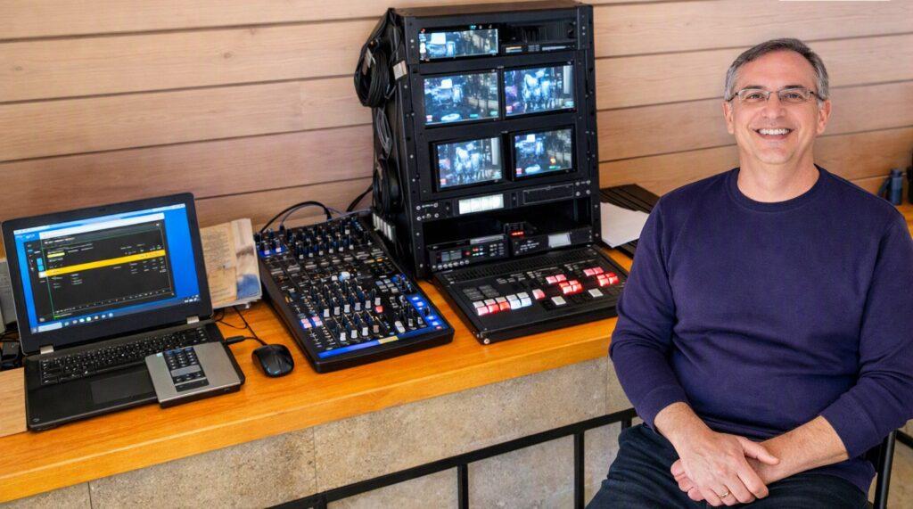 Man seated beside a professional video and audio workstation with multiple monitors, a laptop, and mixing equipment on a wooden desk. The background features light wooden paneling with warm, bright lighting.