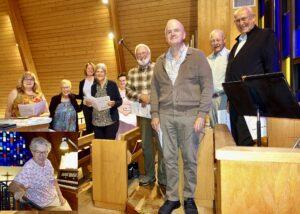 Cheshire Lutheran Church choir singing "'Tis So Sweet to Trust in Jesus" with Martha Medford accompanying on organ during the October 4, 2026 worship service