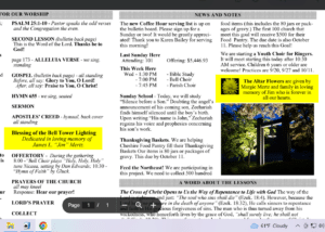 Church bulletin page featuring worship details, announcements, and a photo of an illuminated bell tower at night. The layout includes sections titled “For Our Worship,” “News and Notes,” and “A Word About the Lessons.” Two yellow-highlighted boxes note dedications: one for the Bell Tower Lighting in memory of James L. “Jim” Mertz, and another for altar flowers given by Margie Mertz and family. The page also lists service times, Bible study, choir schedules, and community outreach projects.