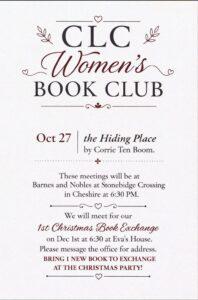 Flyer for CLC Women’s Book Club featuring October 27 meeting on The Hiding Place by Corrie Ten Boom at Barnes & Noble, Stonebridge Crossing, Cheshire, 6:30 PM. Includes notice for first Christmas Book Exchange on December 1 at Eva’s House.