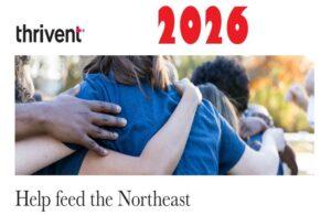 Thrivent 2026 Feed the Northeast campaign banner showing a group of people with arms around each other outdoors, symbolizing unity and community support.