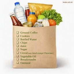Brown paper grocery bag filled with assorted food items including bottled water, juice, chips, lettuce, and canned goods. The front of the bag lists donation items: ground coffee, cookies, bottled water, chips, juice, sugar, cereal (except Cheerios), vegetable oil, breadcrumbs, and oatmeal.