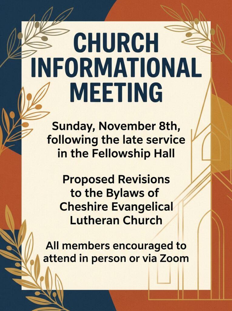 Informational flyer graphic for Cheshire Evangelical Lutheran Church regarding proposed bylaws revisions on Sunday, November 8th.