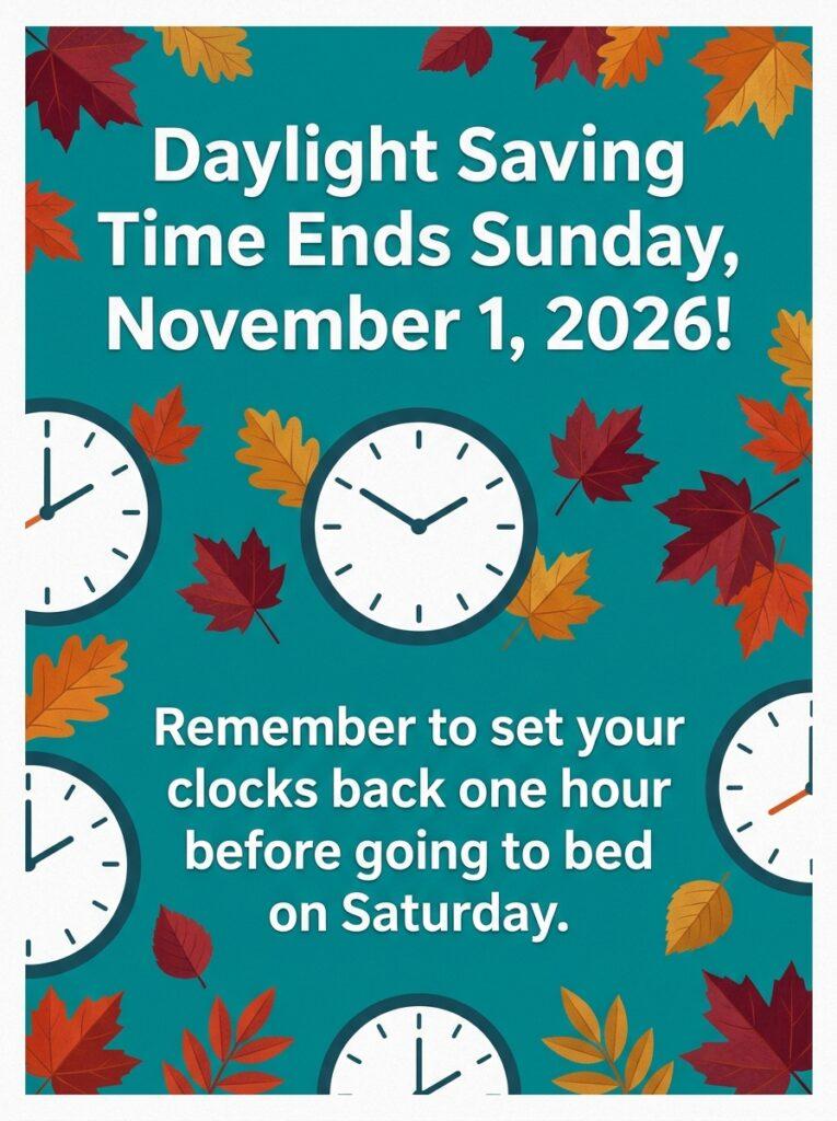 An autumn-themed reminder graphic on a teal background with multiple clocks and fall leaves, text reads: "Daylight Saving Time Ends Sunday, November 1, 2026! Remember to set your clocks back one hour before going to bed on Saturday."