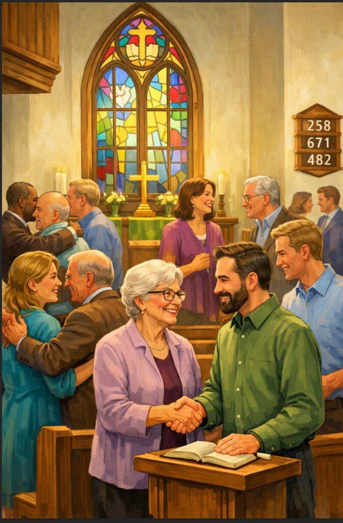 An illustration of a diverse congregation greeting one another warmly in a church sanctuary, with a large stained glass window and altar in the background.