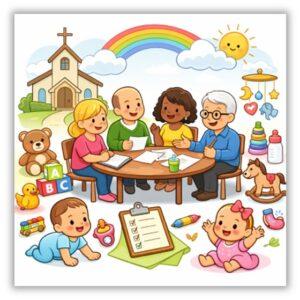 Colorful illustration showing four adults meeting at a table outside a church, planning nursery activities. Surrounded by playful items like toys, blocks, bottles, and two happy babies, with a rainbow and sun overhead symbolizing joy and community.