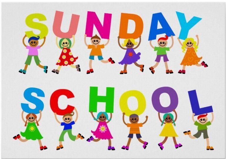Colorful illustration of cheerful cartoon children holding large, bright letters that spell “SUNDAY SCHOOL.” The letters are arranged in two rows, with “SUNDAY” on top and “SCHOOL” below. Each child wears vibrant clothing and poses playfully, appearing to jump or dance against a plain white background.