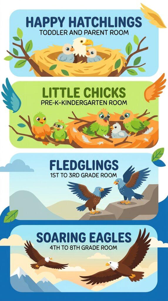 An illustrated poster showing four stages of an eagle’s life, each representing a Sunday School age group: Happy Hatchlings (Toddler & Parent Room), Little Chicks (Pre-K–Kindergarten Room), Fledglings (1st–3rd Grade Room), and Soaring Eagles (4th–8th Grade Room). Each stage features eagles at different growth phases with colorful backgrounds and wooden signs labeling the rooms.