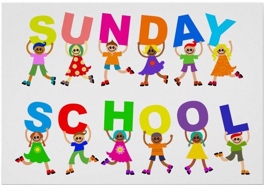 Colorful illustration of cheerful cartoon children holding large, bright letters that spell “SUNDAY SCHOOL.” The letters are arranged in two rows, with “SUNDAY” on top and “SCHOOL” below. Each child wears vibrant clothing and poses playfully, appearing to jump or dance against a plain white background.