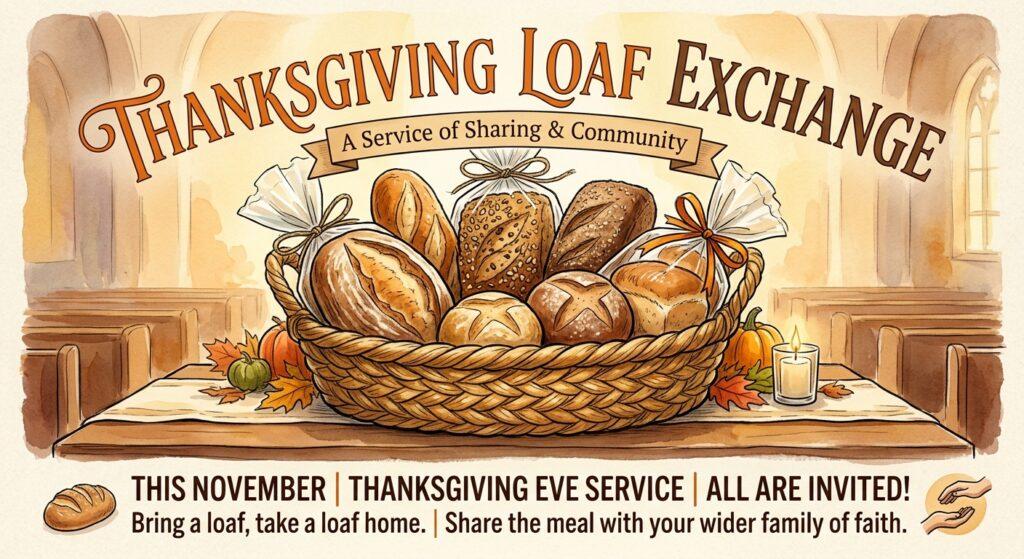 Warm watercolor graphic for a Thanksgiving Eve Loaf Exchange, featuring a woven basket filled with artisan bread loaves inside a church sanctuary.