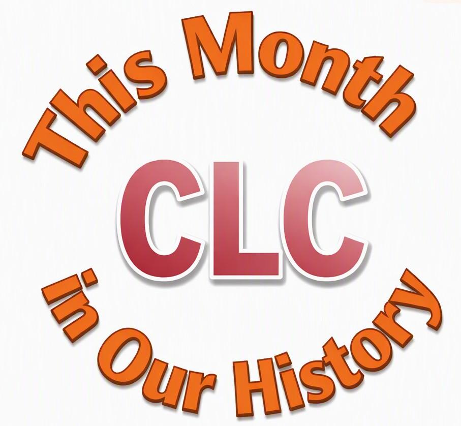 A circular emblem featuring the words “This Month in Our History” in bold orange letters arranged around the acronym “CLC” in the center. The text has a slight shadow for depth, and the design sits on a clean white background.
