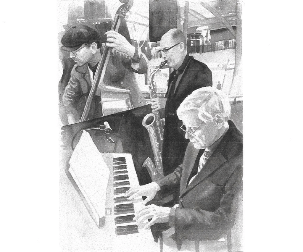 Poster artwork for The John Brighenti Trio performing a live jazz concert featuring piano, upright bass, and saxophone at Cheshire Lutheran Church musicians